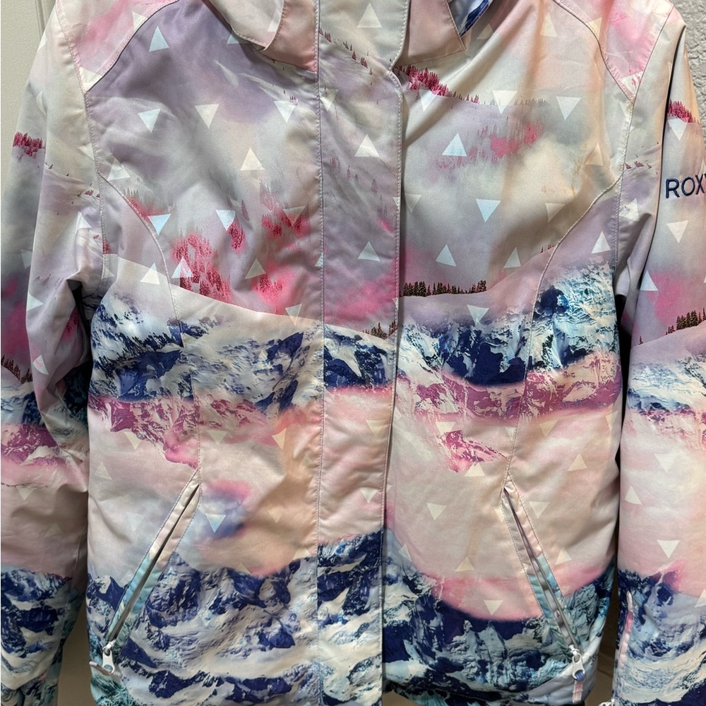 Roxy Women's Pink and Blue Ski Jacket with Faux Fur Hood - Picture 3 of 5